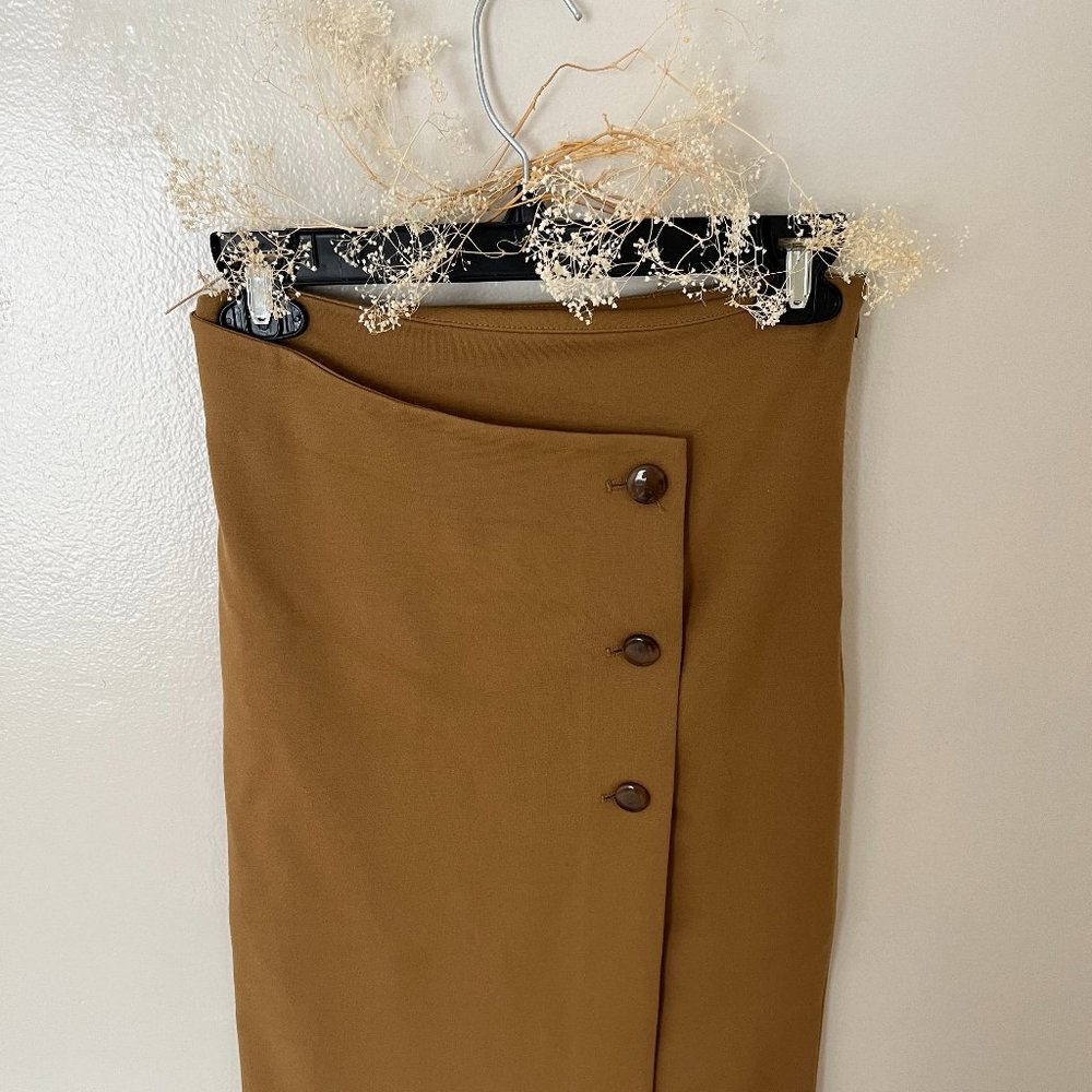 Aritzia Babaton Tan Midi Button Crossover Skirt